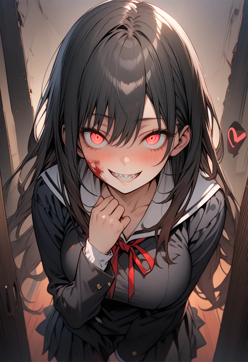 Masterpiece,best quality, (highly detailed CG illustration),very aesthetic,recent,detailed eyes,1 woman,matured female,(looking at viewer),glowing red eyes,black hair,straight long hair,(large breast:1.05),(black highschool uniform),half-closed eye,BREAK,blood on her face,red blush,(spiral eyes),(mad grin),(yandere smile),hands own face,standing,(spoken heart),sharp teeth,night school,cowboy shot
