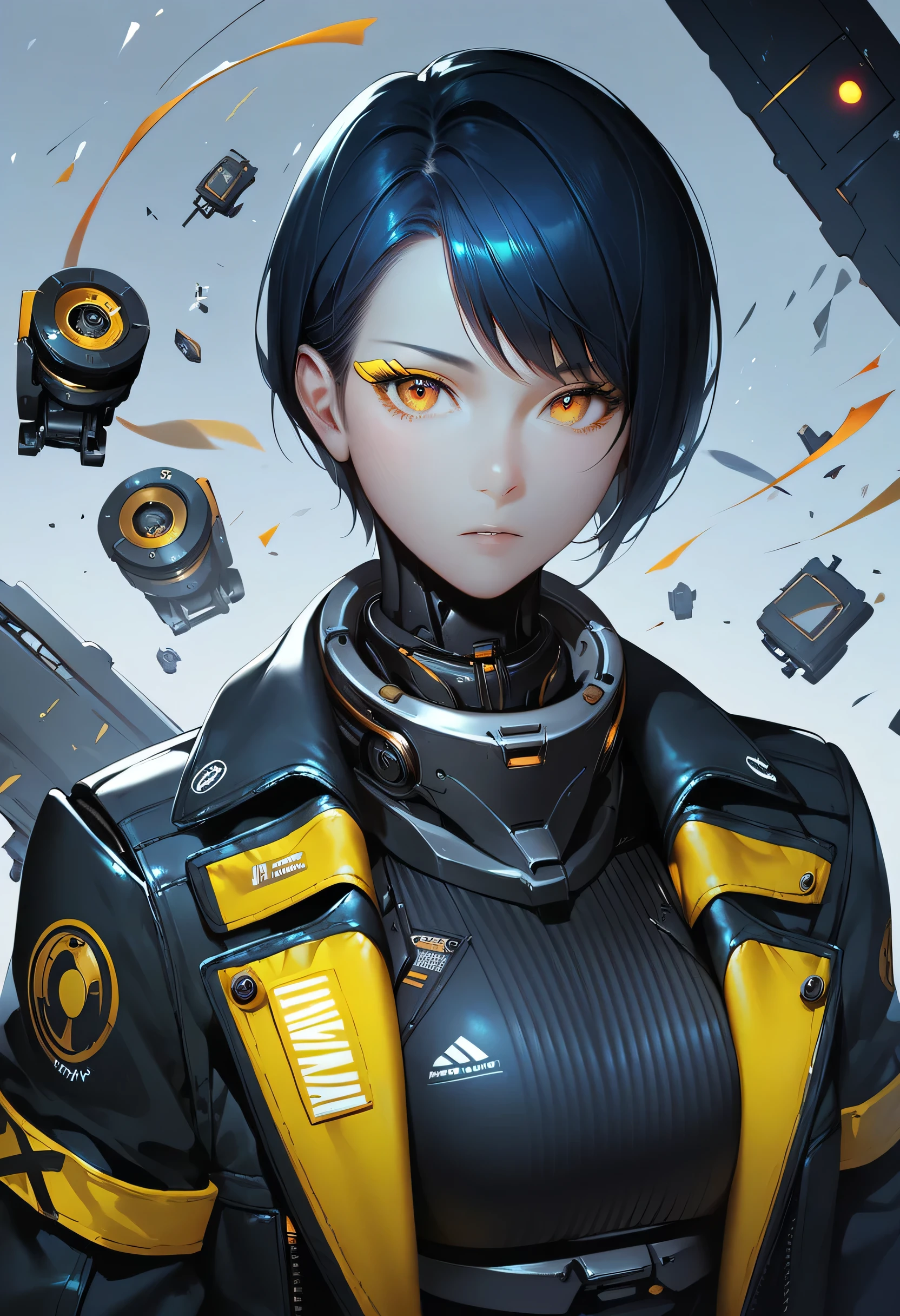 One woman, mature, anime, female anime character, amber eyes, yellow eyeliner, expressionless, black short hair swept over left eye, sharp face,artificial skin, black slim mechanical body frame, a loose jacket, a black fastened scarf, joints, mechanical neck, robotic, detailed anime character art, dark, facing center, close-up portrait, sharp focus, zPDXL3.