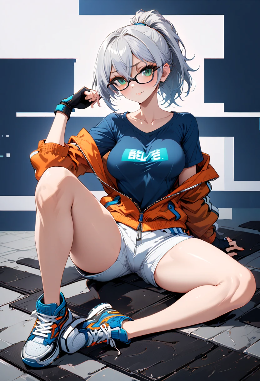 blue square with white border background ,(highly detailed:1.2),1girl, ( silver hair),green eyes, fingerless gloves,hair between eyes, short hair, ponytail,medium breast,(plain dark blue t-shirt,white shorts,sneakers,orange jacket unzipped:1.2),wearing black glasses,long legs , cute face,in heat,looking at viewer,boobtent,sitting on the floor,solo,looking at viewer,full body,
