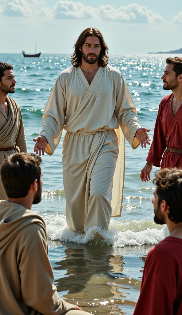 Jesus walking by the sea while the disciples are amazed