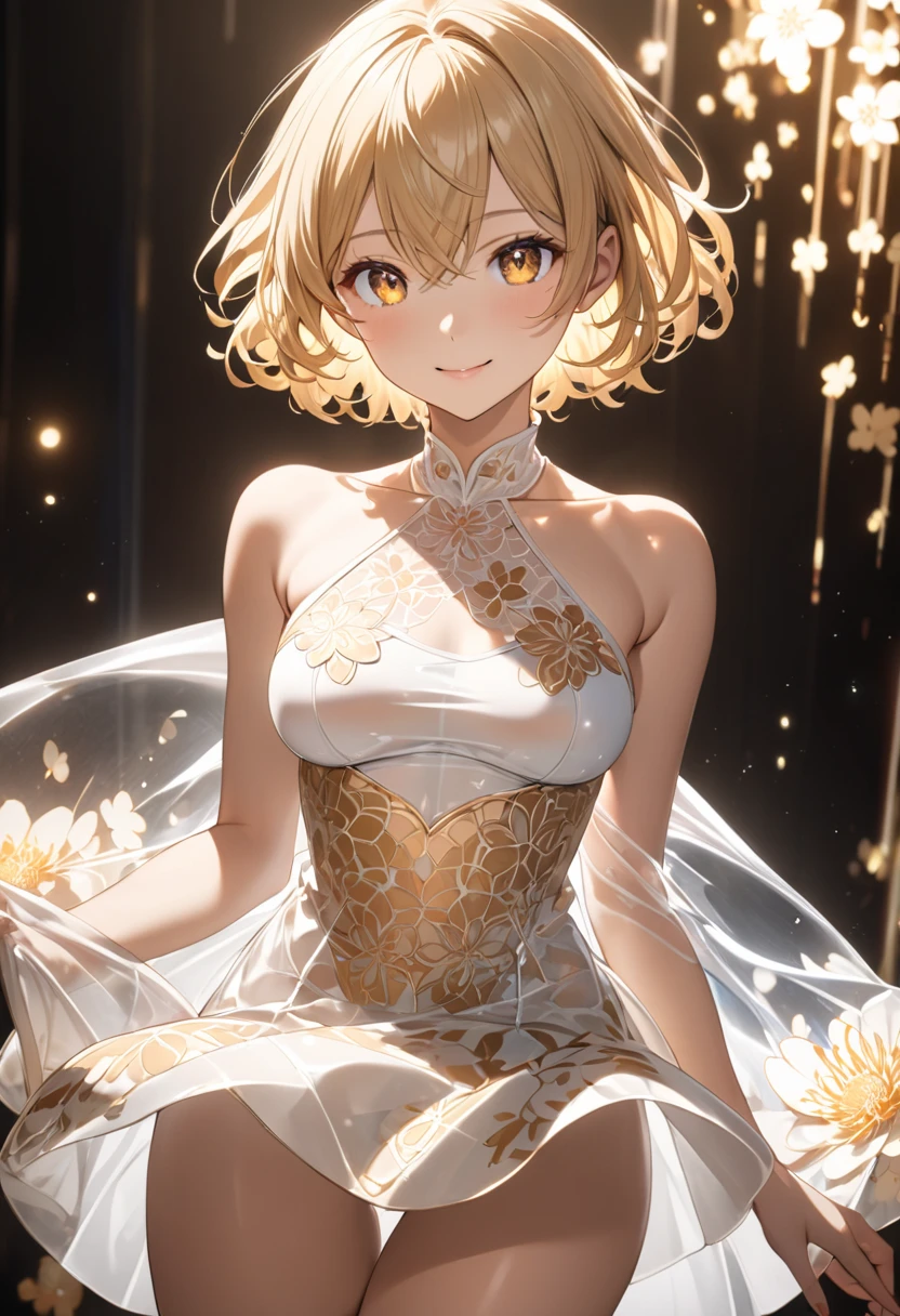 Anime girl, short wavy hair, honey-colored eyes, detailed face, silk clothing, white halter top clothing, blouse with flower patterns, sensual look, round breasts, short plain skirt, slender legs, smiling, Letterboxd, Reflective light, Blonde hair, hair between eyes, Perfect anatomy, cinematic lighting, marked nipples, transparent clothing,