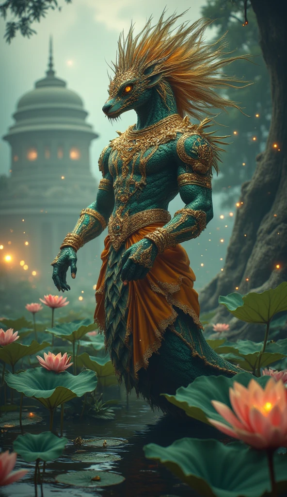 "Illustrate India as a majestic Naga, a serpent-like mythical guardian. The creature has a human upper body adorned with intricate gold jewelry, vibrant silk drapes, and a crown encrusted with gemstones resembling a peacock feather pattern. The lower body is a massive, shimmering snake tail with scales in hues of green and gold. Surrounding the Naga are lotus flowers blooming on a serene river, with an ancient temple visible in the misty background. The atmosphere is mystical, with glowing fireflies and faint chants echoing through the scene