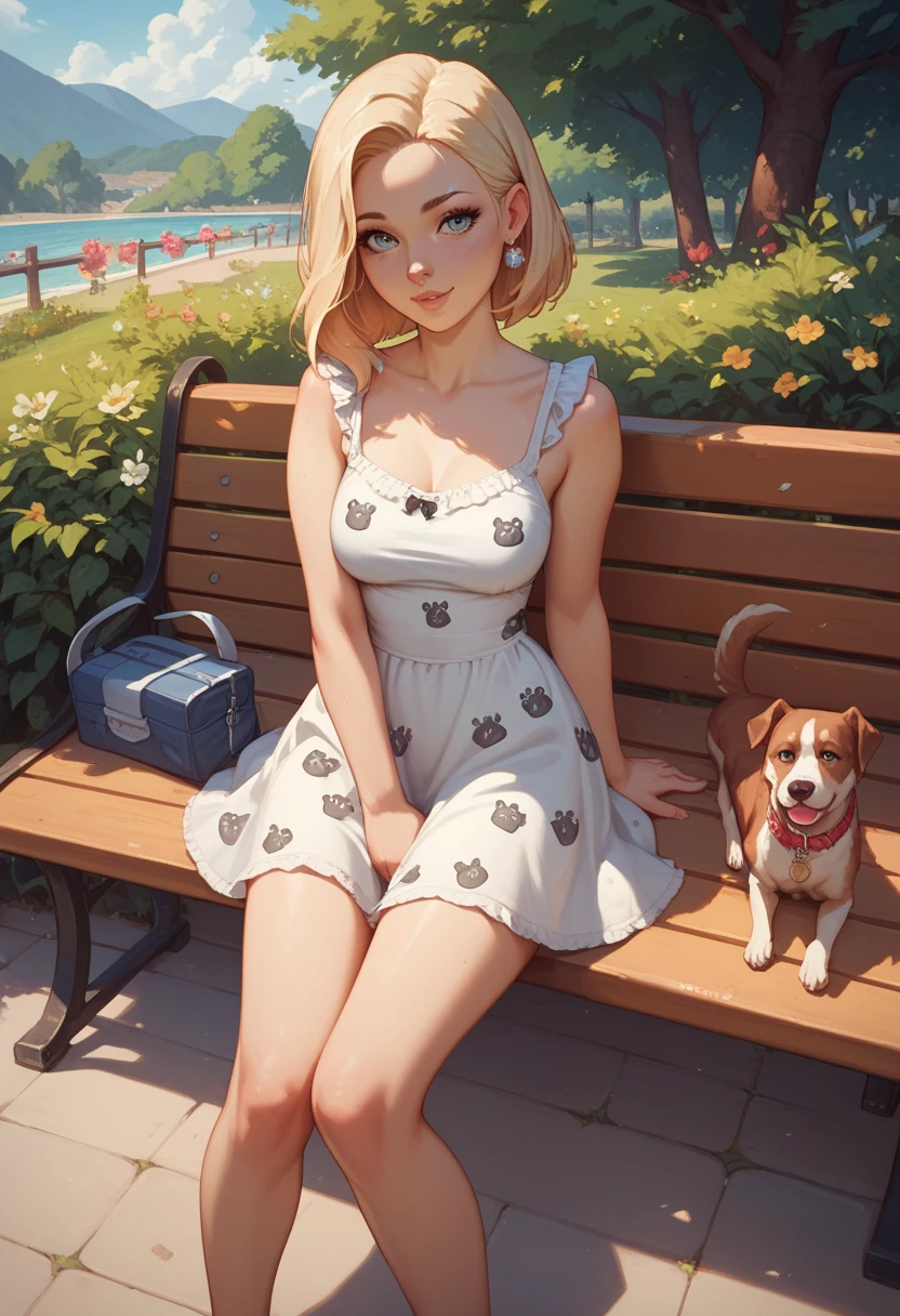 best quality, a woman sat in a bench , sundress, dogs printed in the dress
