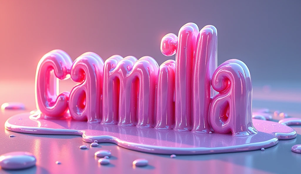  4D illustration of the word  "Camilla Csak"  in an amazing drip and melt style . The bright fuchcia letters emit a dazzling array of pastel colors