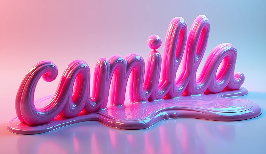  4D illustration of the word  "Camilla Csak"  in an amazing drip and melt style . The bright fuchcia letters emit a dazzling array of pastel colors