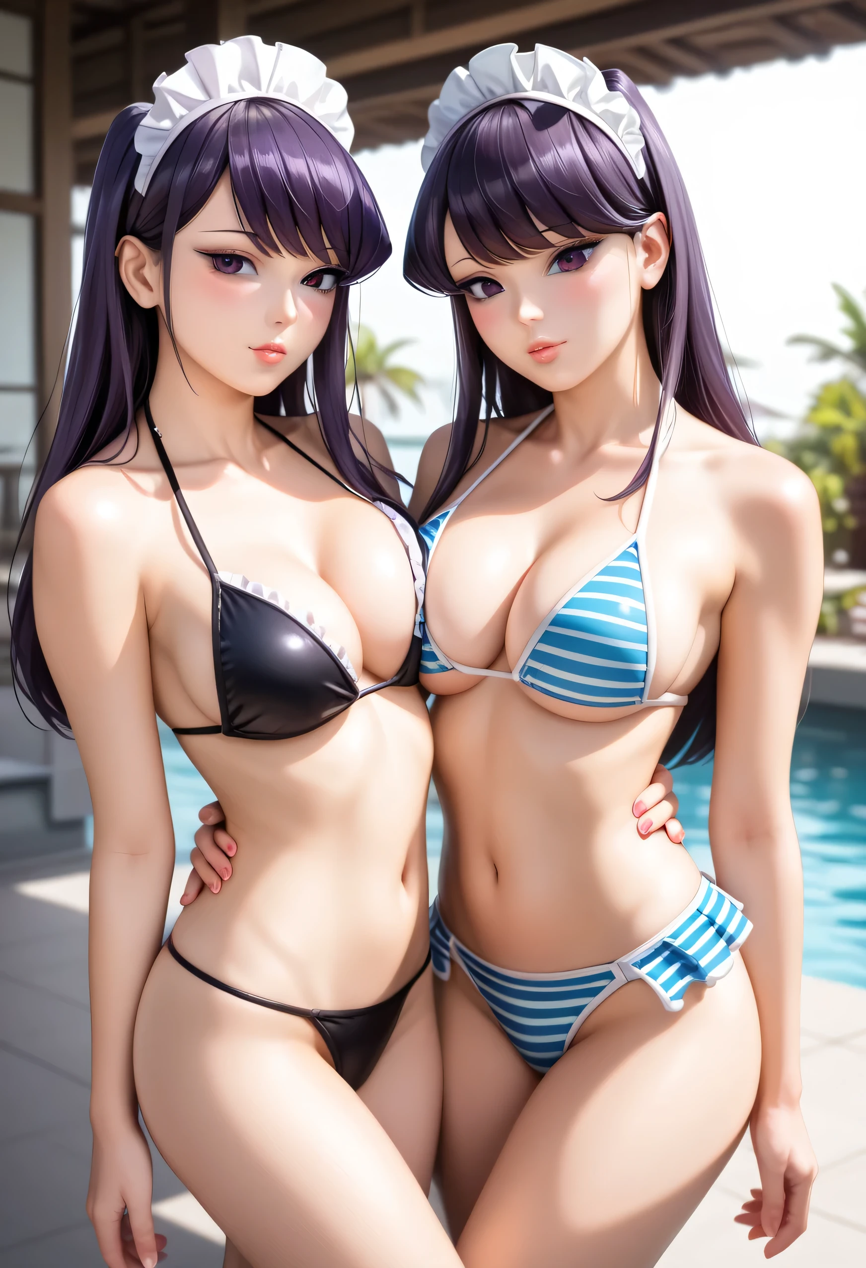 beach、A Japanese girl with long black hair、String Bikini、Are standing