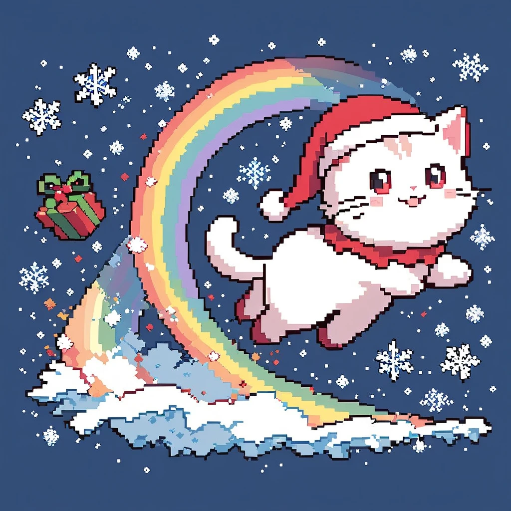 Pixel Art style, Digital Pixel Art, 8-bit illustration, best quality, Christmas theme, cute flying 1cat with Santa hat,solo,running left to right,on the festive green and red rainbow trail,pixelated design, smiling face, blue starry background, snowfall, simple color palette, retro game aesthetic, detailed pixel outlines, charming holiday atmosphere