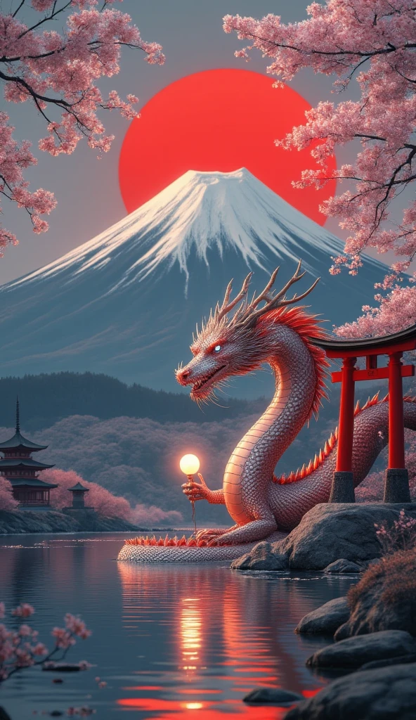 "Depict Japan as a celestial dragon Kami (spirit), with a sleek, serpentine body covered in pearl-white and red scales. The dragon has antler-like horns and glowing, sapphire-blue eyes. Cherry blossoms swirl in the wind as the dragon coils around a torii gate rising from a tranquil lake. Its claws gently hold a glowing orb, symbolizing wisdom and balance. In the background, Mount Fuji stands under a crimson sunset, with traditional Japanese pagodas nestled in the hills."