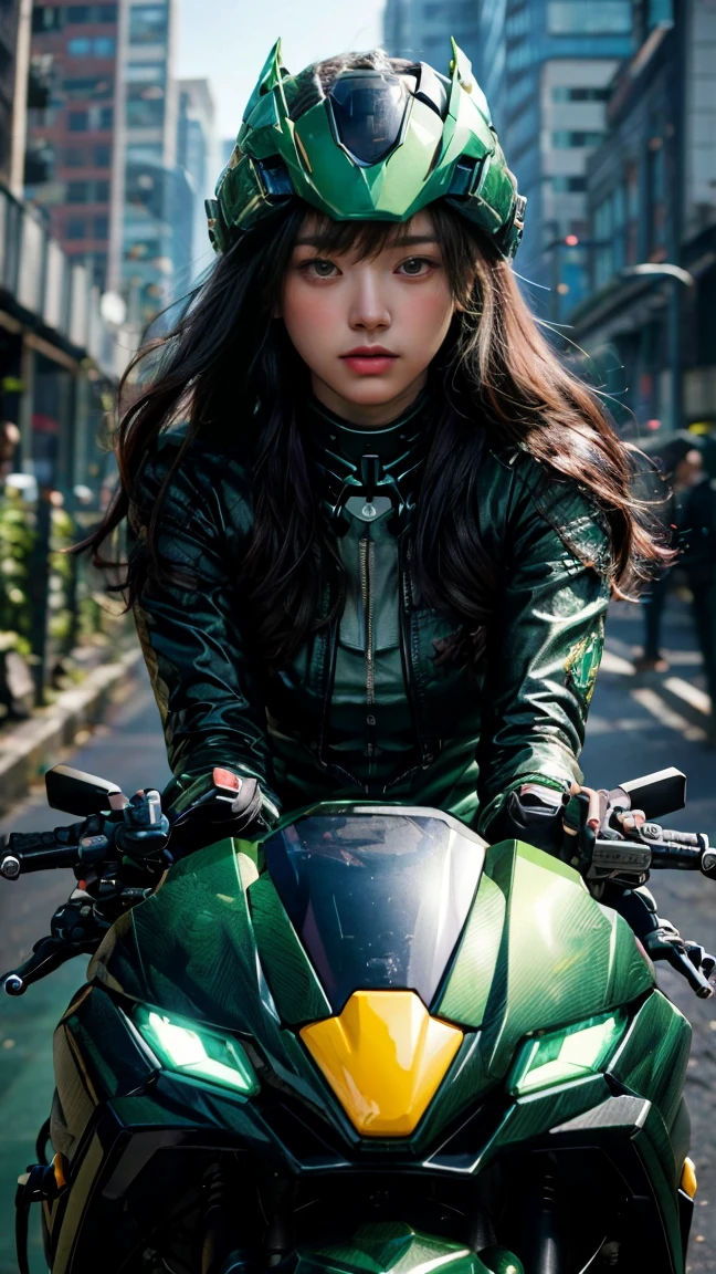 Highest image quality, outstanding details, ultra-high resolution, (realism: 1.4), the best illustration, favor details, highly condensed 1girl, with a delicate and beautiful face, dressed in a black and green mecha, wearing a mecha helmet, holding a directional controller, riding on a motorcycle, the background is a high-tech lighting scene of the future city.