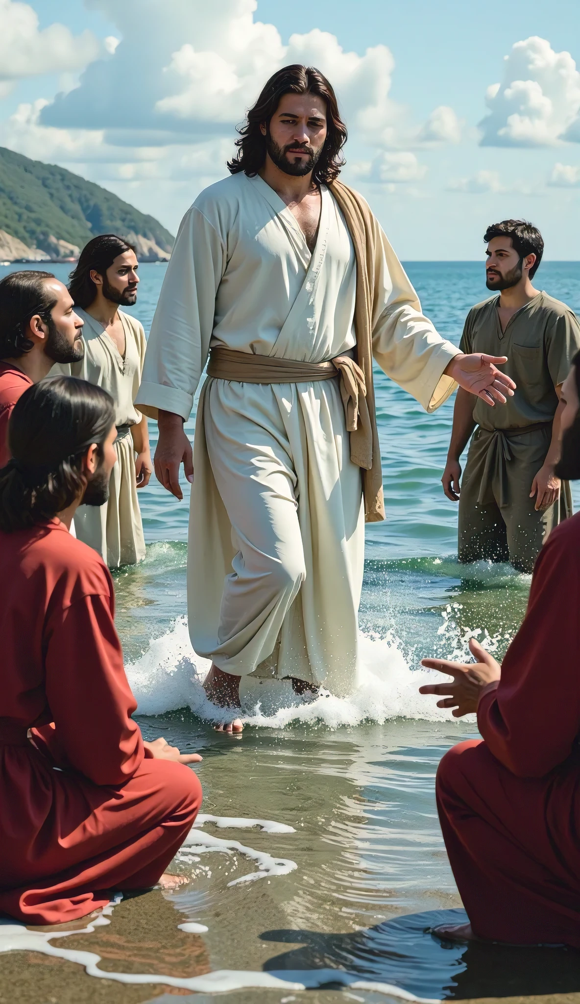 Jesus walking by the sea while the disciples are amazed