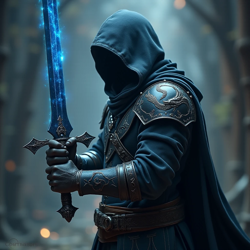 Single handed swordsman, a guy wearing a cloak with a hood underneath it he wears an light armor made of leather and enchanted with glowing runes, on his left forearm is carved a dragon shape encircling his arm and on his right hand he carries a dark blue blade made of a metal that looks like you are looking into the dark blue universe and the hilt of the sword is made by leather for a firm grip and the crossguard of the sword is made of a dragon head