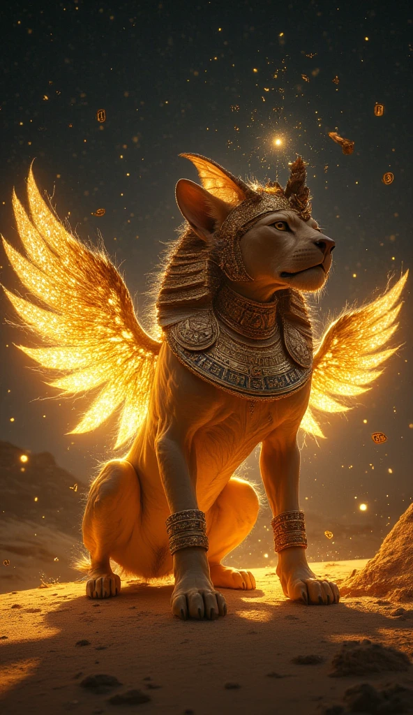 "Create Egypt as a reimagined Sphinx, blending human and lion features with wings made of golden sand. The Sphinx has a regal, pharaoh-like face adorned with a cobra headdress, and its body glows faintly as if imbued with ancient magic. The creature sits on an endless desert dune, with the pyramids in the background glowing under a starlit sky. Hieroglyphs float around in the air, shimmering like magical runes, as a faint golden light emanates from the creature’s eyes."