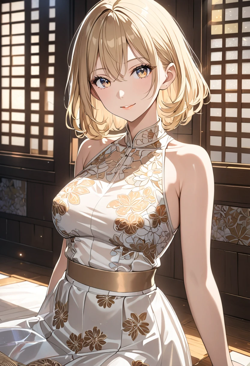 Anime girl, short wavy hair, honey-colored eyes, detailed face, silk clothing, white halter top clothing, blouse with flower patterns, sensual look, round breasts, short plain skirt, slender legs, smiling, Letterboxd, Reflective light, Blonde hair, hair between eyes, Perfect anatomy, cinematic lighting, marked nipples, transparent clothing,