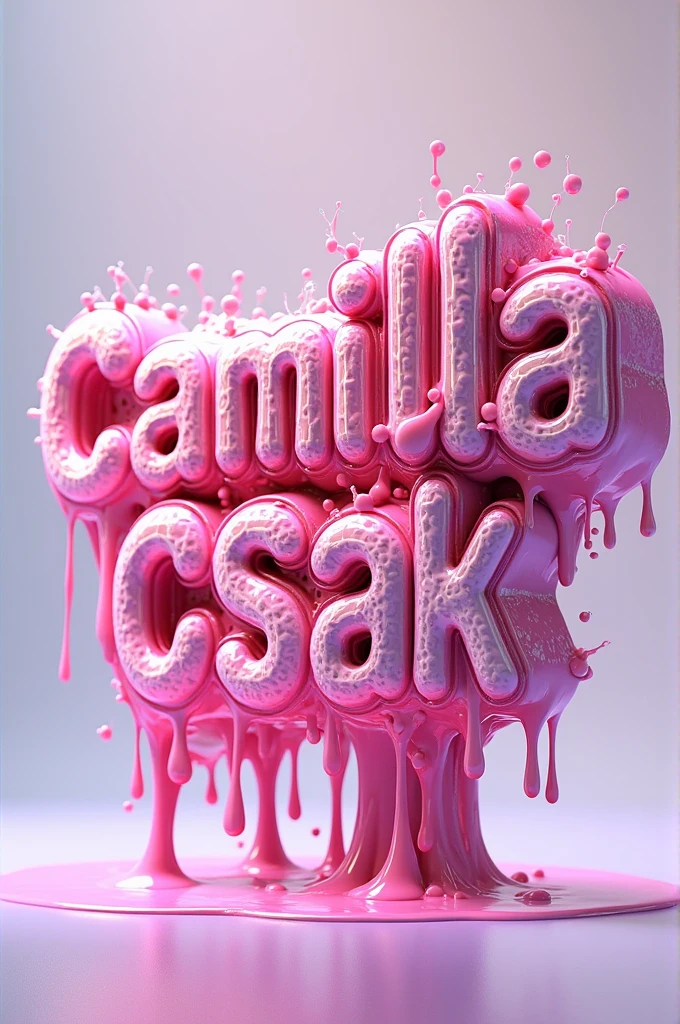  4D illustration of the 2 words  "Camilla Csak"  in an amazing drip and melt style . The bright fuchcia letters emit a dazzling array of pastel colors