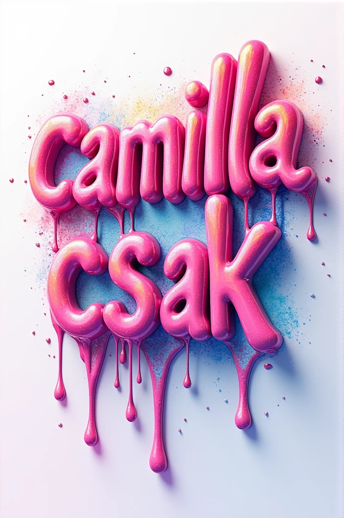  4D illustration of the 2 words  "Camilla Csak"  in an amazing drip and melt style . The bright fuchcia letters emit a dazzling array of pastel colors