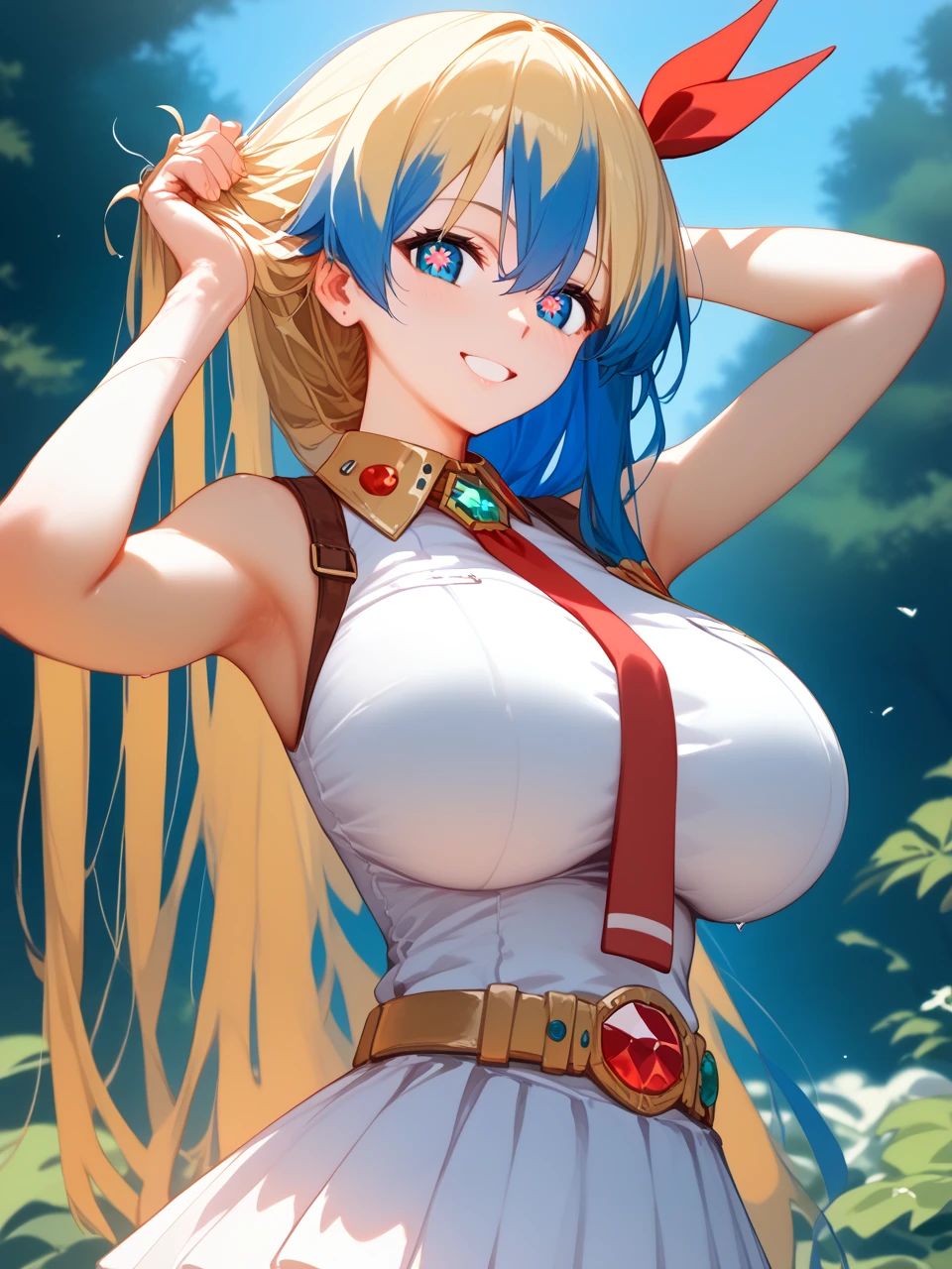       top quality ,       top quality ,    高品質of月光ofイラスト ,   masterpiece ,         super high resolution 、 with forest background ,       detailed background ,       absurd,    Perfect Anatomy  ,       performance  ,  good lighting ,   sofurce_Anime、  cut out the blue sky  、pen、:of、smile、sleeveless dress with hair on hands 、(Stroking my hair:1.3)、 nias1  、 女of子1人、  blue eyes、Symmetrical pupils 、左of髪 、 Blonde 、  blue hair 、Twin Hair、  very huge breasts 、  skirt、  hair accessories 、  ピンクofドレス  、gem、  hair accessories 、 白いドレスof背景が付いたノースリーブドレス、  red tie 、  upper body red  、  upper body red  、belt