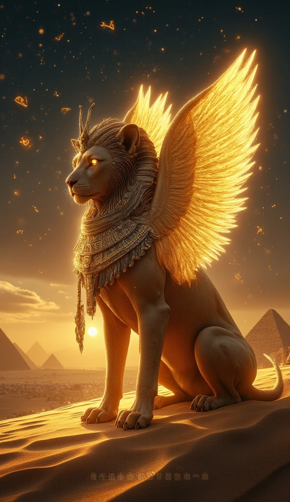 "Create Egypt as a reimagined Sphinx, blending human and lion features with wings made of golden sand. The Sphinx has a regal, pharaoh-like face adorned with a cobra headdress, and its body glows faintly as if imbued with ancient magic. The creature sits on an endless desert dune, with the pyramids in the background glowing under a starlit sky. Hieroglyphs float around in the air, shimmering like magical runes, as a faint golden light emanates from the creature’s eyes."