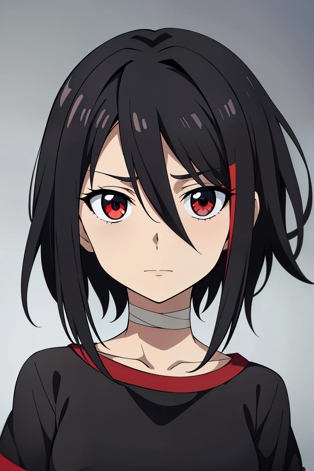 (high-quality, breathtaking),(expressive eyes, perfect face) 1girl, female, solo,  age, age 7, black color hair, red highlight in hair, red eye color, short hair length, fluffy spiky hair, black short sleeved shirt, Symmetrical Eyes, like face, portrait, positive expression, grey background, hairstyle Ryuko Matoi, height 4", bandages, atient_bloodyband_icu,
