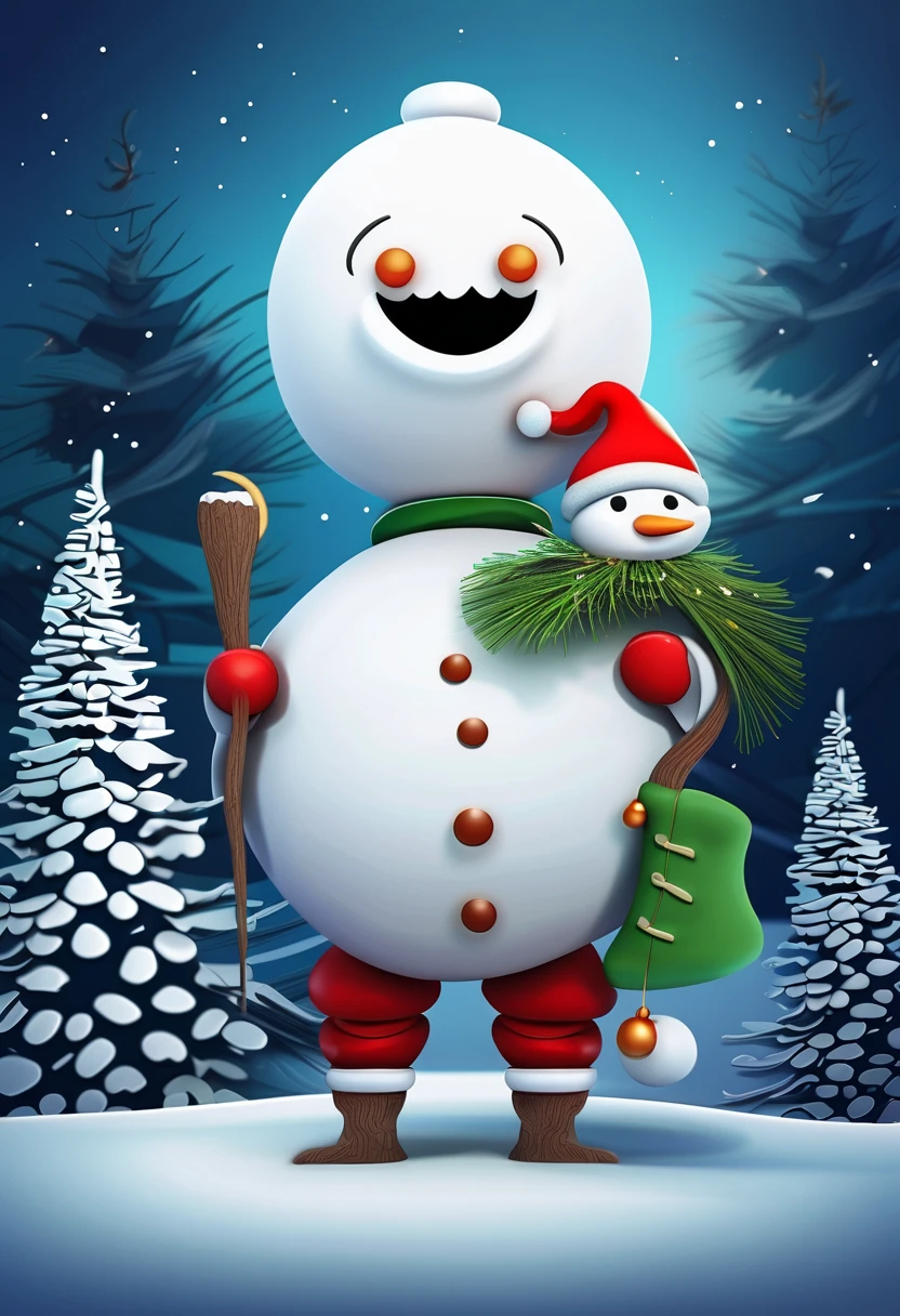 Deformed character of a mysterious creature that combines a snowman and a Christmas tree