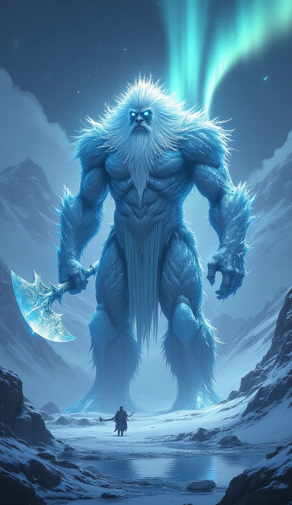 "Design Norway as a towering Frost Giant, its body composed of icy, crystalline structures. The giant’s hair flows like a frozen waterfall, and its eyes glow with an icy blue light. The creature wields a massive axe carved from ancient glaciers, and its footsteps create frost patterns on the ground. Surrounding the giant are snowy peaks and a frozen fjord, with the northern lights casting an ethereal glow across the scene. Snow swirls in the air as the giant looks down, exuding both power and wisdom."