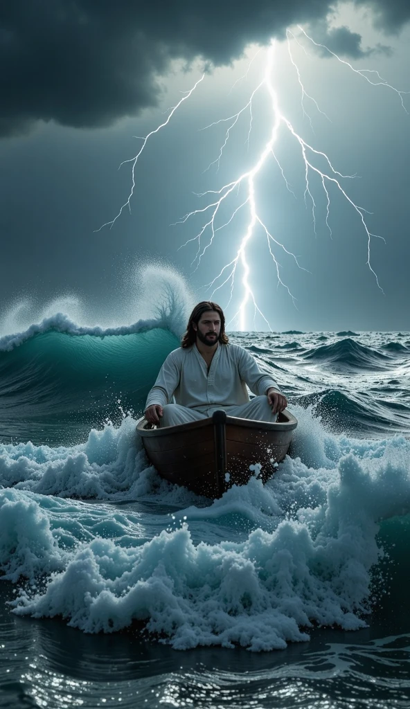 Jesus is in a boat in the middle of the sea  .  while the sea is strong and the sky is cloudy and a flash of lightning