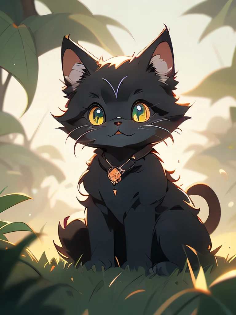 a black cat with glowing eyes sitting in the grass, cute detailed digital art, cute detailed artwork, cute digital art, 🌺 cgsociety, cute art style, adorable glowing creature, cute artwork, jen bartel, by Kubisi art, very very beautiful furry art, with glowing eyes, beeple and jeremiah ketner, cat from the void