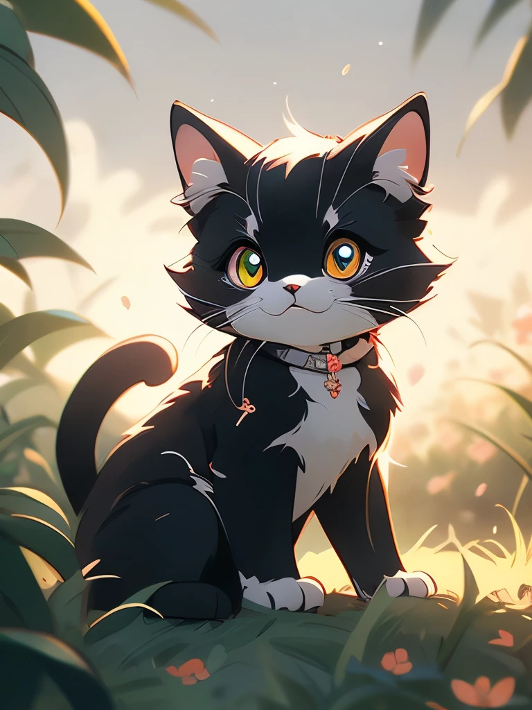 a black cat with glowing eyes sitting in the grass, cute detailed digital art, cute detailed artwork, cute digital art, 🌺 cgsociety, cute art style, adorable glowing creature, cute artwork, jen bartel, by Kubisi art, very very beautiful furry art, with glowing eyes, beeple and jeremiah ketner, cat from the void