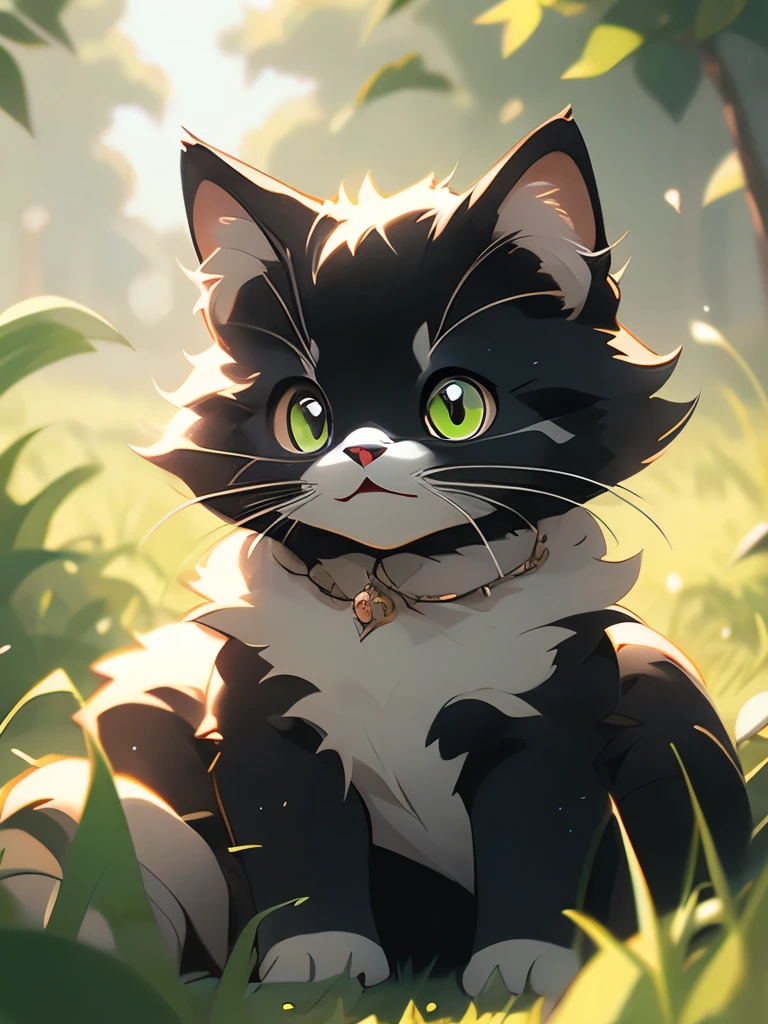 a black cat with glowing eyes sitting in the grass, cute detailed digital art, cute detailed artwork, cute digital art, 🌺 cgsociety, cute art style, adorable glowing creature, cute artwork, jen bartel, by Kubisi art, very very beautiful furry art, with glowing eyes, beeple and jeremiah ketner, cat from the void