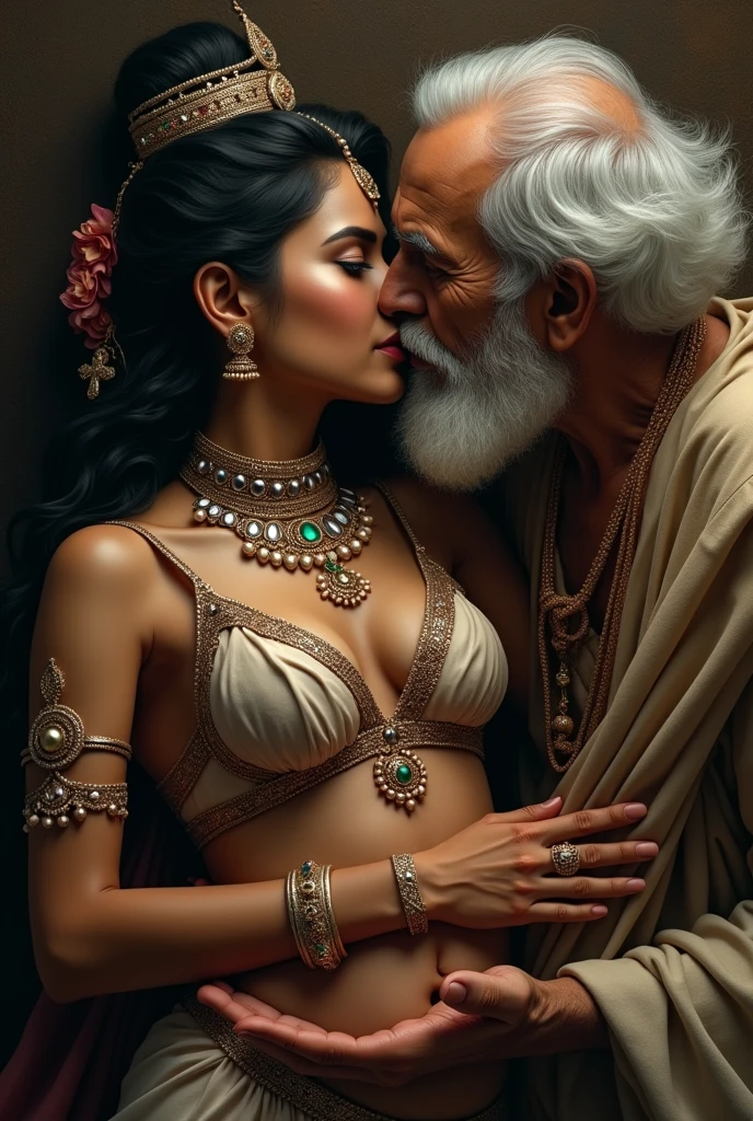 South Indian woman, sexy body, dark skinned, standing in front of her old uncle((uncle sitting in bed, horny)), she wearing white long petticoat, navel, cleavage, erotic , seen from the side, scared , she is looking her uncle, uncle lusting her body, nipple visible, belly chain