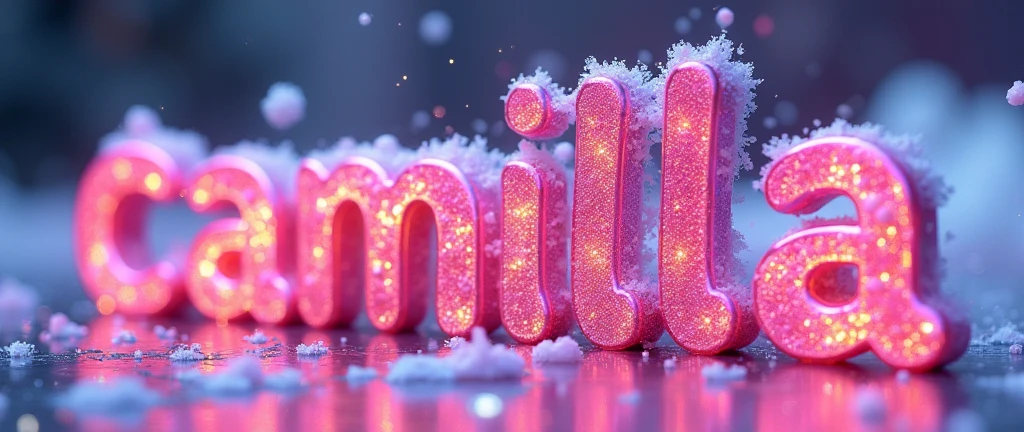 4D illustration of the 2 words "Camilla Csak" in an amazing drip and melt style . The bright fuchcia letters emit a dazzling array of pastel colors, glitter, Image in holographic or iridescent letters