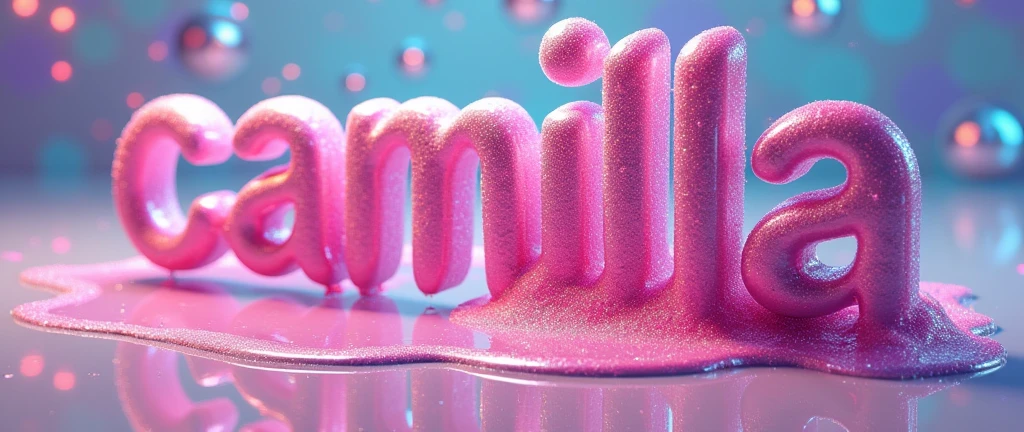 4D illustration of the 2 words "Camilla Csak" in an amazing drip and melt style . The bright fuchcia letters emit a dazzling array of pastel colors, glitter, Image in holographic or iridescent letters