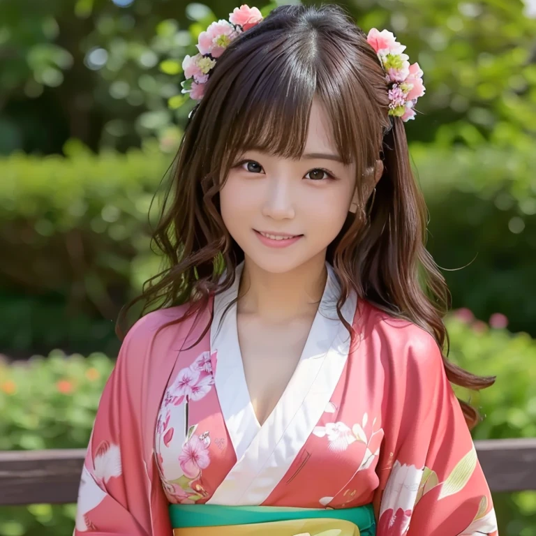  highest image quality taken by Ki、 top quality 、 highest resolution、  Masterpiece  、 yag、34 years old、((A cute and beautiful woman:1.5))、((Light brown long curly hair))、((  full body shot  ))、 stares at the camera、Shooting at a low angle、(((Open the front of the kimono )))、smile、 has red cheeks、(thin:1.5)、(((Beautiful kimono)))、((At the first visit))、(( make your pussy look good )))、((( make your pussy look good )))、(((Full body photography))、、(((Open the front of the kimono )))