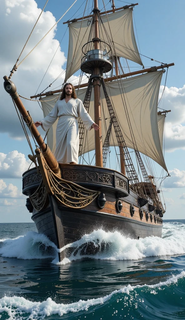  Jesus in a big boat  .a pirate ship  , Jesus stands still while the waves bounce off the ship