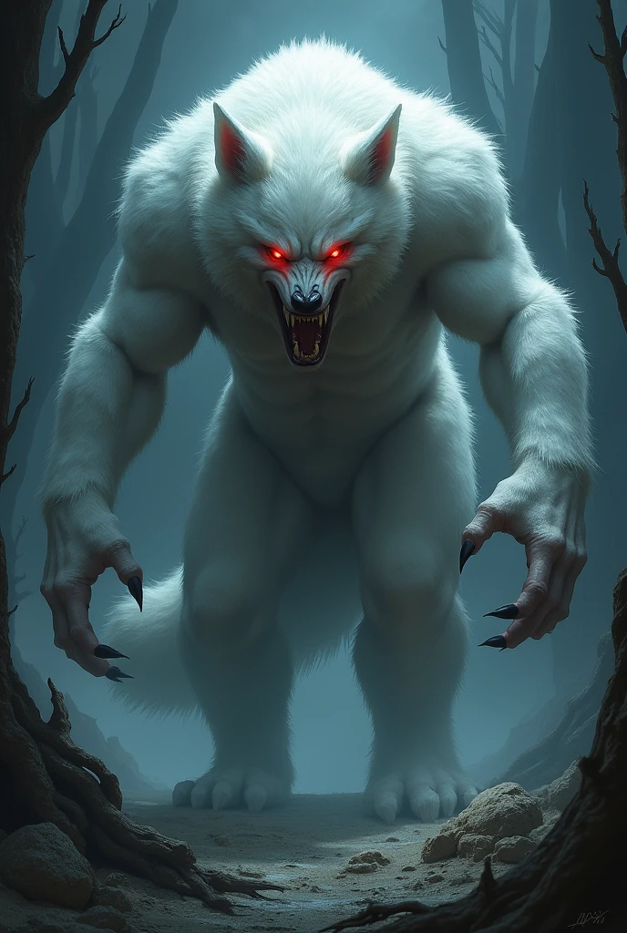 A tall, huge, muscular, albino, ferocious, shirtless werewolf with a large scar on his chest and a suit ripped off.
