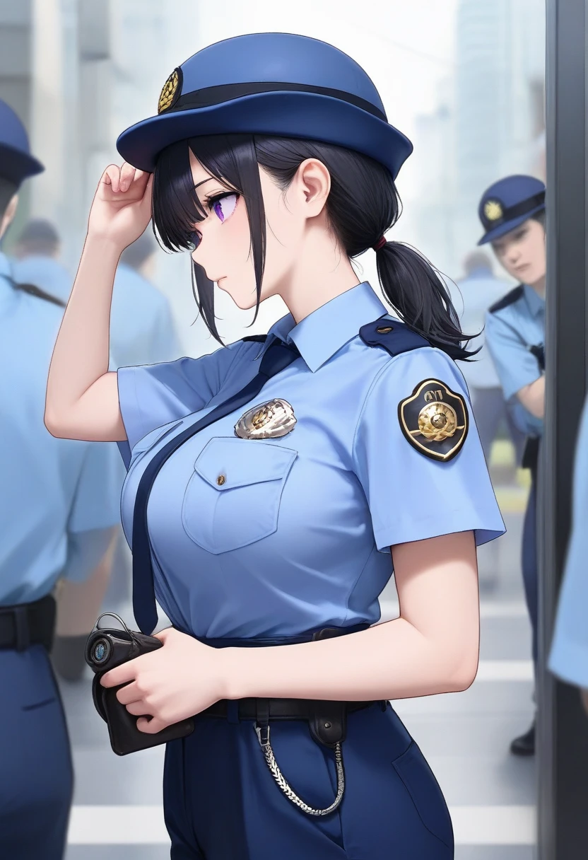 best quality,masterpiece,large breasts,purple eyes,black hair,light blue shirt,blue pants,1girl, police badge,police hat,low ponytail,breast pocket