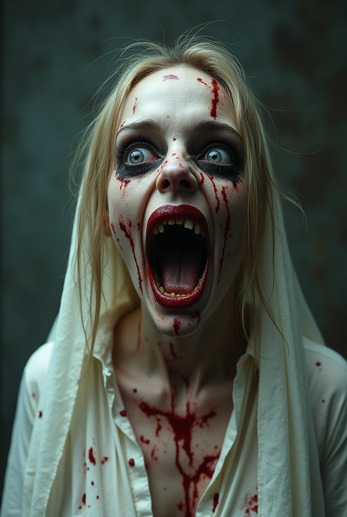 She is possessed by Lucifer himself Her face is pale Her wounds are infected Distorted and terrifying facial expression, with a macabre smile Erratic body movements, contorted and supernatural Pale skin, emaciated or sickly looking Distorted voice, serious or with supernatural echoes