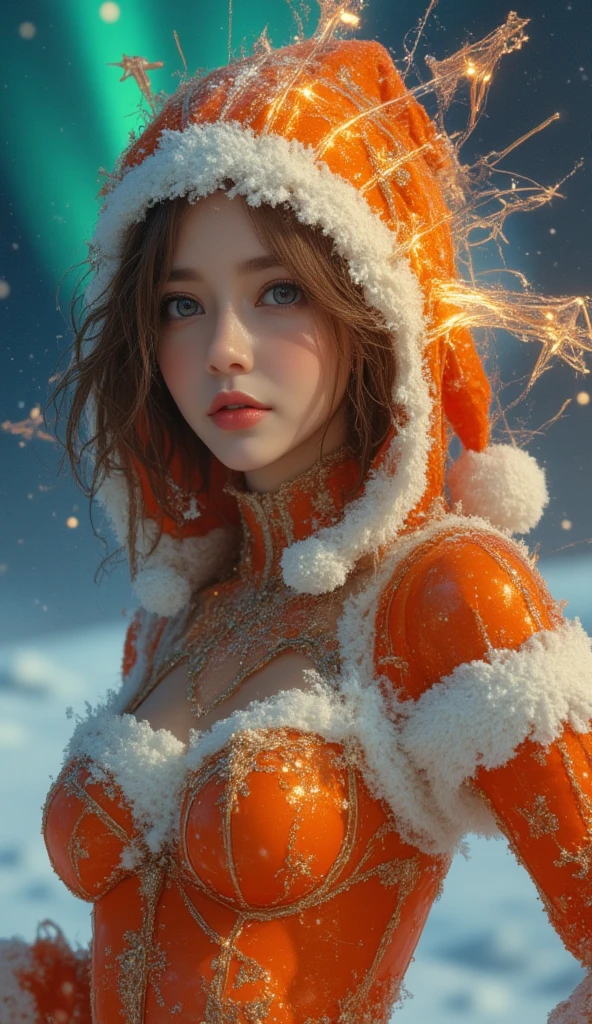 A sexy Santa cross woman, an orange Santa Claus costume, a Santa cross hat, white snow, aurora, detailed face, beautiful eyes, beautiful lips, realistic, photorealistic, high resolution, 8k, best quality, masterpiece, vivid colors, cinematic lighting, ultra-detailed, sharp focus, physically-based rendering, professional