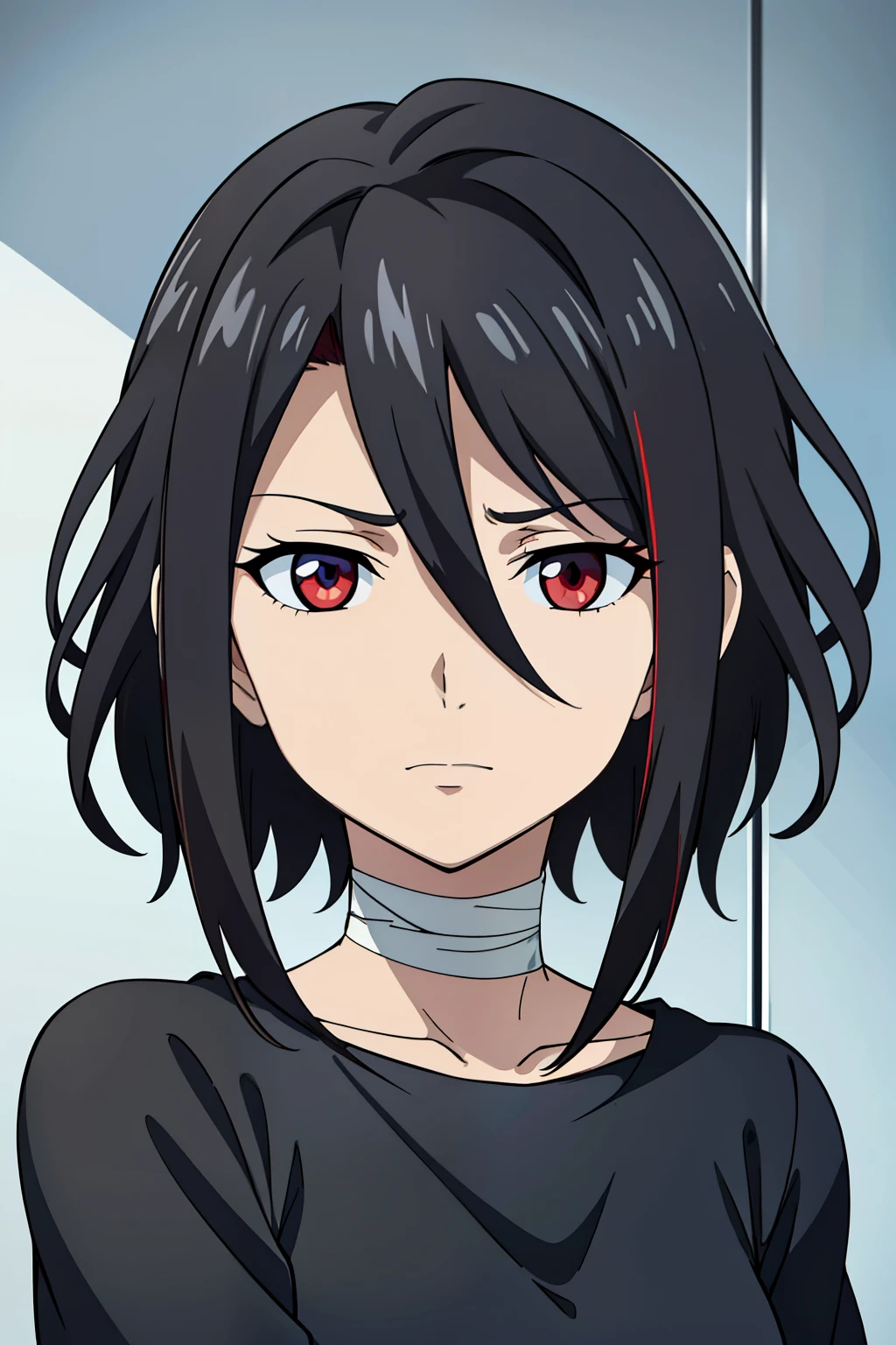 (high-quality, breathtaking),(expressive eyes, perfect face) 1girl, female, solo,  age, age 7, black color hair, red highlight in hair, red eye color, short hair length, fluffy spiky hair, black short sleeved shirt, Symmetrical Eyes, like face, portrait, positive expression, grey background, hairstyle Ryuko Matoi, height 4", bandages, atient_bloodyband_icu, sickly, bandaged head
