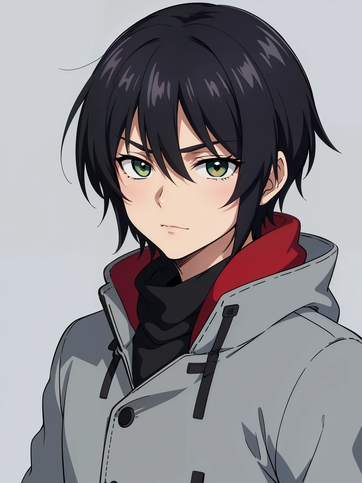 (high-quality, breathtaking),(expressive eyes, perfect face) 1boy, male, solo, portrait, narrow eyes, kind face, neutral expression, soft cute smile, gundam art style, portrait, Symmetrical Eyes, black hair, red green eyes, teenager, grey background, grey coat, white turtleneck shirt, green backpack, black pants, fluffy hair, half closed eyes, looking at viewer, facing viewer, red scarf, yeenager, young face, apocalypse clothing
