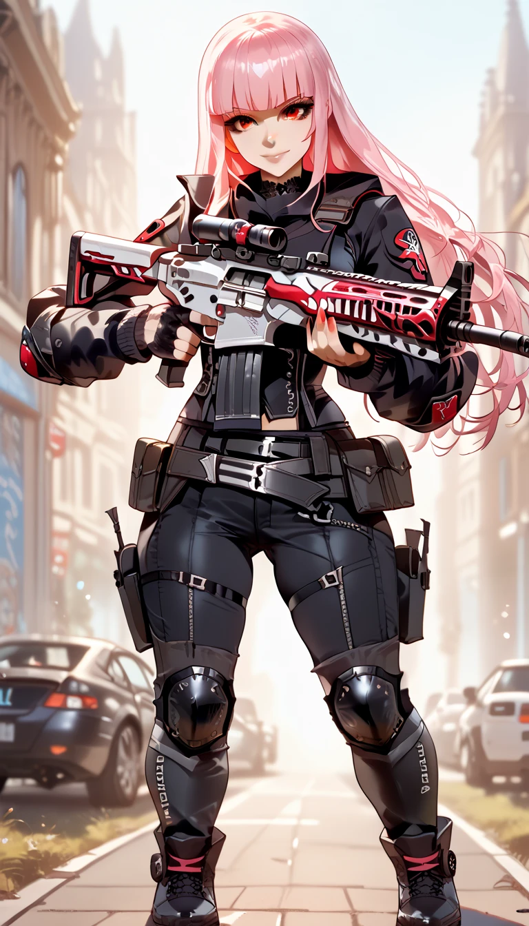 ultra-detailed, 1girl, solo, MoriCalliope, (masterpiece)), (best quality), (highres), 16K, pink hair, long hair, hime cut, red eyes, large breasts, narrow waist, wide hips, tactical clothes, tactical belt, black panties, knee pads, boots, busty body, showcasing cleavage, legs, hips, (holding assault rifle), looking at viewer, detailed face, smile, detailed hair, detailed full body, street background