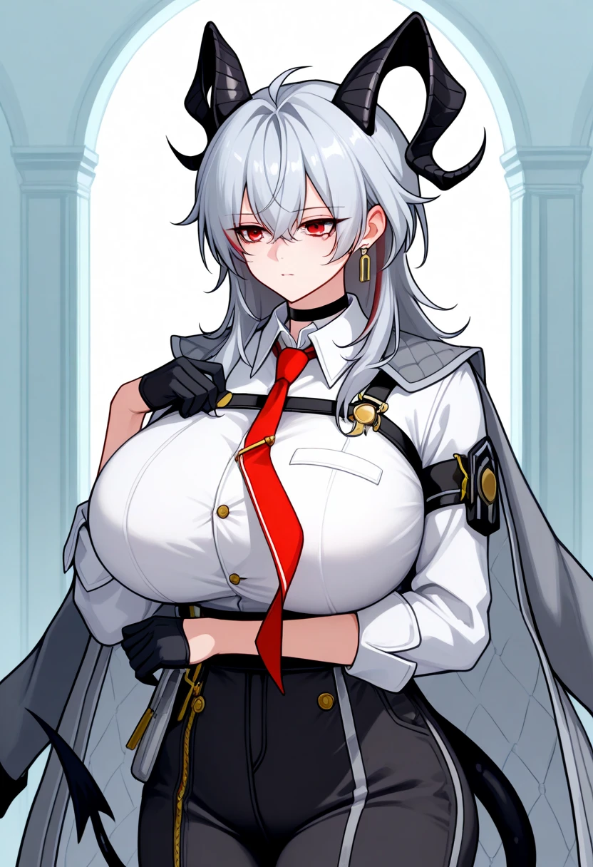 score_9, score_8_up, score_7_up,  cowboy shot, Alone,  1 girl, z4ni, demon tail, long hair, multicolored hair, grey hair, hair between eyes, goat horns, demon horns, red eyes, large breasts, grey coat, coat on shoulders, white shirt, collared shirt,  red necktie , long sleeves, black gloves, half gloves, black pants, earrings, black choker, ((( huge breasts)))
