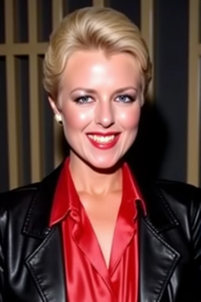 (((Straight on centered portrait)))A realistic image of short blonde hair Juliet Anderson with a bearing teeth and an open smile.wearing shiny red satin shirt black leather blazer,with big pokie nipples