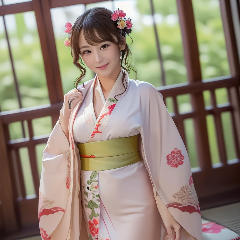  highest image quality taken by Ki、 top quality 、 highest resolution、  Masterpiece  、 yag、34 years old、((A cute and beautiful woman:1.5))、((Light brown long curly hair))、((  full body shot  ))、 stares at the camera、Shooting at a low angle、((( take off the kimono )))、smile、 has red cheeks、(thin:1.5)、(((Beautiful kimono)))、((At the first visit))、(( make your pussy look good )))、((( make your pussy look good )))、(((Full body photography))、(((Open the front of the kimono )))、(((Full body photography))、(( make your pussy look good )))、((( make your pussy look good )))、(((Full body photography))、(((Open your kimono)))、(((Full body photography))、