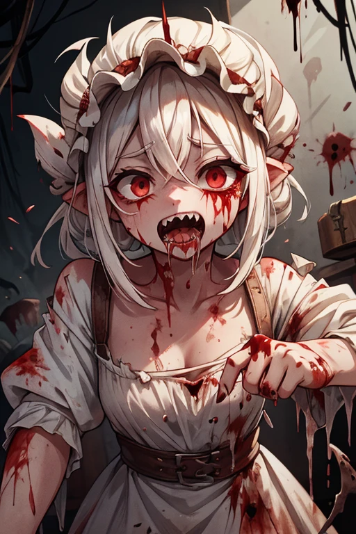 a very scary female ghost, wearing shabby white clothes with spots of dirt and blood, her face full of rotting wounds, her eyes almost falling out of their sockets, her mouth torn showing sharp teeth filled with blood fluid