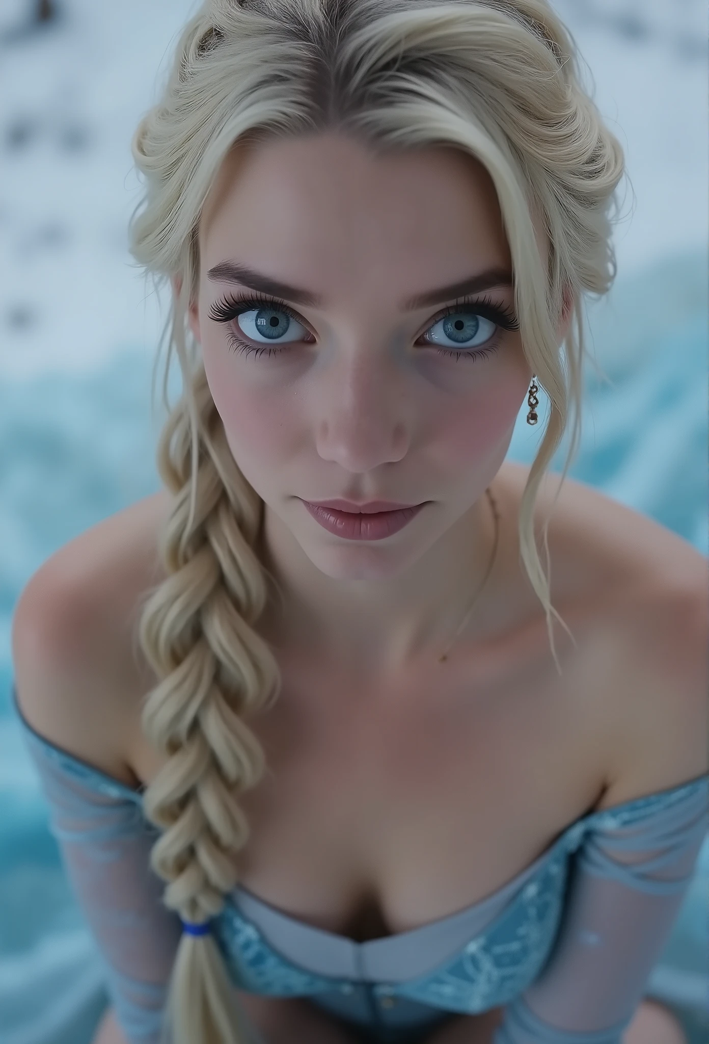 Elsa, (perky breasts), (((small breasts))), smirk:1.2, beautiful blue eyes, (perfect iris’s), depth of colour to her eyes, blonde hair, long hair, braid, full lips, blush, naked, she is showing her vagina, depth of field, bokeh, (special attention to skin detail: 1.2), masterpiece, best quality, ultra-detailed, ultra-HD, photorealistic, cinematic, ((mid camera shot)), sensual pose, alluring, nipples:1.4, looking up at camera, closeup on her face, her cheeks are blushed, 2, she is on her knees, eye contact:1.4, high angle:1.5, ((closeup on face)), perfect face, (((visible breasts))) bokeh everything other than her perfect face, location is Arendelle in winter, ice castle