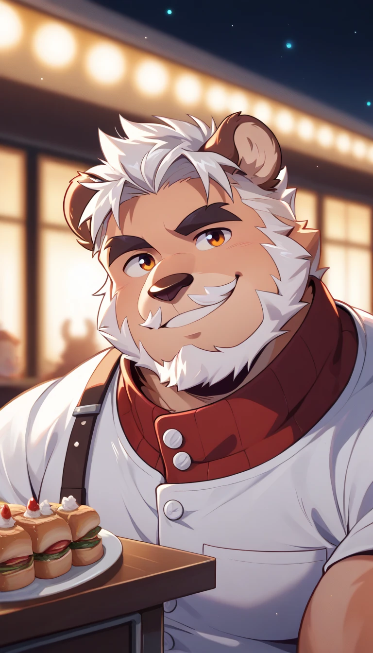 human nature, cannon, male, , ((Round Face, The face is very round,  has a thick beard)), ((Short and fat body,  Handsome)), chef, ((domestic ox, ox)  furry fur,  furry), (In the school cafeteria),（ox头人,ox鼻子：1.5）， high quality ，Bokeh, ( high quality ,  High Resolution, masterpiece), (Dynamic Lighting, vibrant colors), (Generous smile), (Face focus ),  front view (close up), Cartoon, author：Takemoto Arashi,  from Zixiong , author：Chunni, author：Ethereal