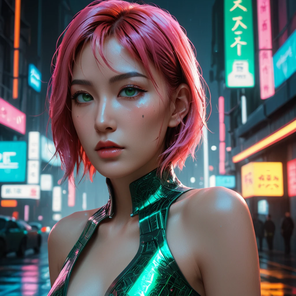 "A beautiful cyberpunk woman with realistic facial features, smooth skin, and expressive emerald green eyes"

"She has natural proportions, a confident pose, and short pink bob hair with soft shading"

"Wearing a futuristic high-tech bodysuit with subtle neon glowing patterns and realistic fabric textures"

"Her outfit includes translucent red lace details that catch the neon light"

"Set in a rainy cyberpunk city, with glowing neon holographic billboards, reflections on wet streets, and atmospheric fog"

"Ultra-realistic lighting, soft shadows, and high detail in the environment"




