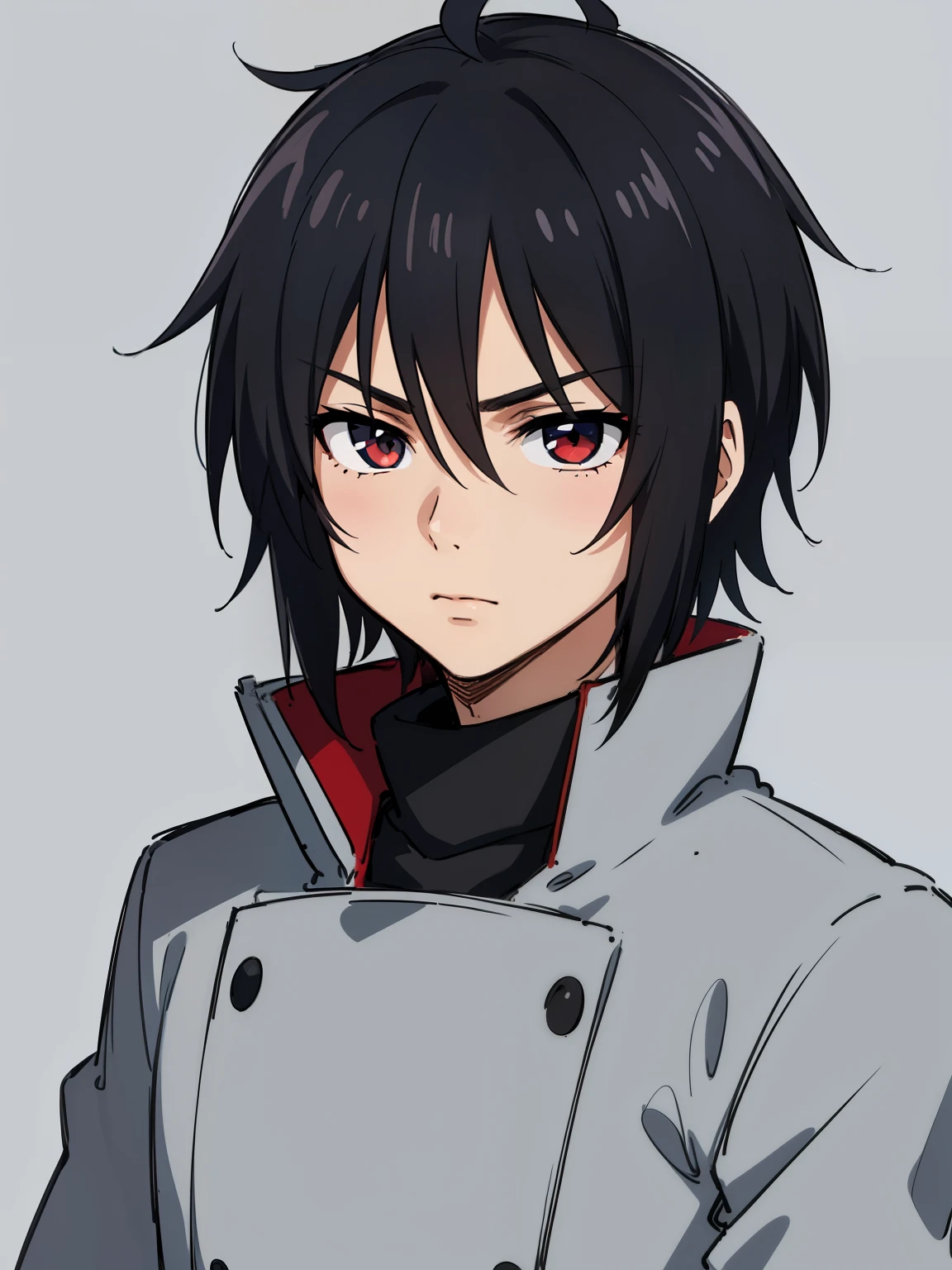 (high-quality, breathtaking),(expressive eyes, perfect face) 1boy, male, solo, portrait, narrow eyes, kind face, neutral expression, soft cute smile, gundam art style, portrait, Symmetrical Eyes, black hair, red green eyes, teenager, grey background, grey coat, white turtleneck shirt, green backpack, black pants, fluffy hair, half closed eyes, looking at viewer, facing viewer, red scarf, yeenager, young face, apocalypse clothing
