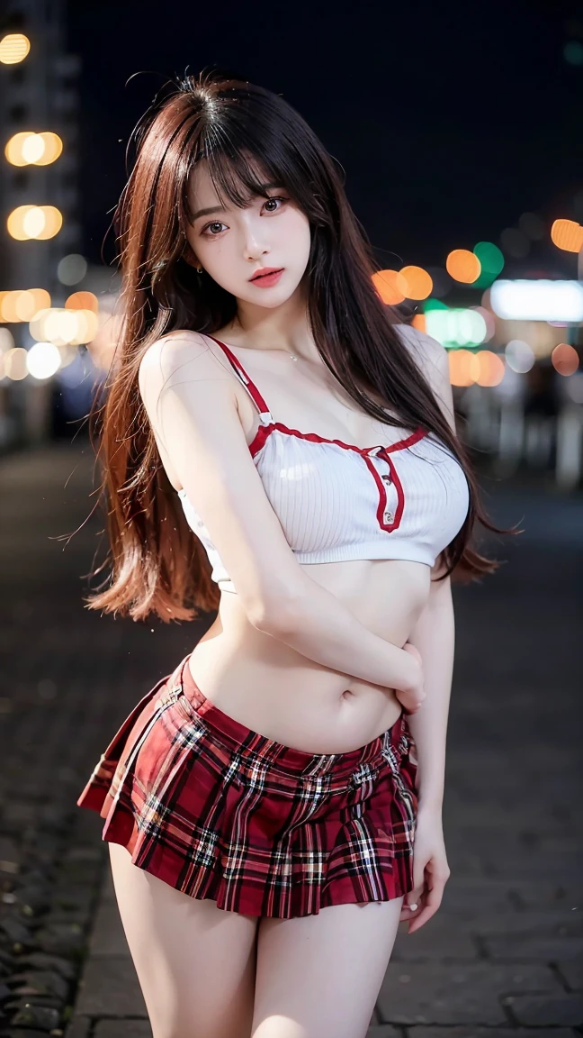   kvinner , kvinner2คน,Age 20,Pale skin,Long hair, perfect figure , small waist , big-breasted panties, beautiful tits, French half-face ,RED SINGLE BREASTED BLOUSE WITH STRIPES,Tight,Red skirt at Christmas ,Red Lining Shirt ,Reveal the belly ,Rainbow Hair, Hair clip, Demon Mountain, Multicolored eyes, Licking lips, statistics, Light and Shadow,  depth of field, cinema light, mixing, Opposite poles, /1.8, 8k,  great detail , height,  High Building,  High Detail , Texture, background is in a cold city on Christmas day with lights.,Sexy Male Teasing Gestures ,Wide view,Wide open legs