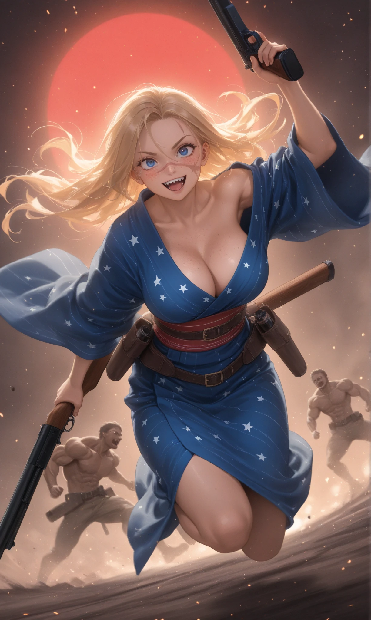 1girl\(american,blonde,(Freckles),(Muscular), big blue eyes,beautiful eyes,big breast,wearing beautiful yukata\(american flag\(Stars and stripes\) design\),holding shotgun, shooting,wearing Grenades, gun belts,weavy hair long hair,floating hair, (scar on face),open mouth,smile, sharp teeth, tongue, drinking Tequila by Bottle,dynamic action, dynamic angle,\) at kyoto japan, so many zombie around, apocalips, dooms day,red black sun. BREAK .quality\(8k,wallpaper of extremely detailed CG unit, high resolution, top-quality, top-quality real texture skin, hyper realistic, increase the resolution, RAW photos, best quality, highly detailed, the wallpaper, golden ratio, high saturation realism, vibrant colors, dramatic lighting, persuasive storytelling, atmospheric scenery, captivating visuals, intricate details, strong emotions, dreamlike world\),dynamic angle,dutch angle,action movie